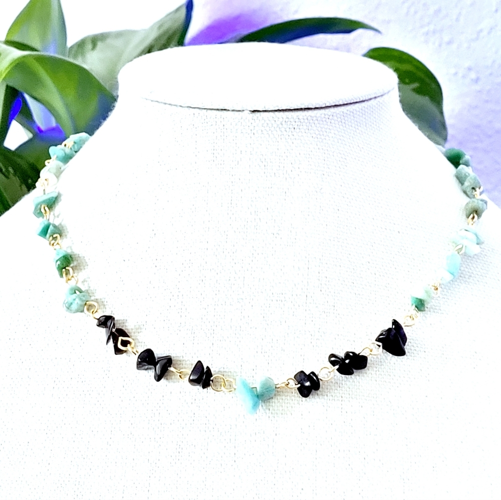 Amazonite & Black Obsidian crystal beaded necklace